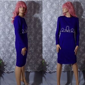 Vintage 80s Cocktail Dress 1980s Purple New Wave Retro Long Sleeve Size Small
